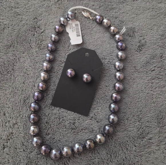 Silver and Purple Faux Pearl Necklace and Earring Set NWT Kohl's - Picture 1 of 6